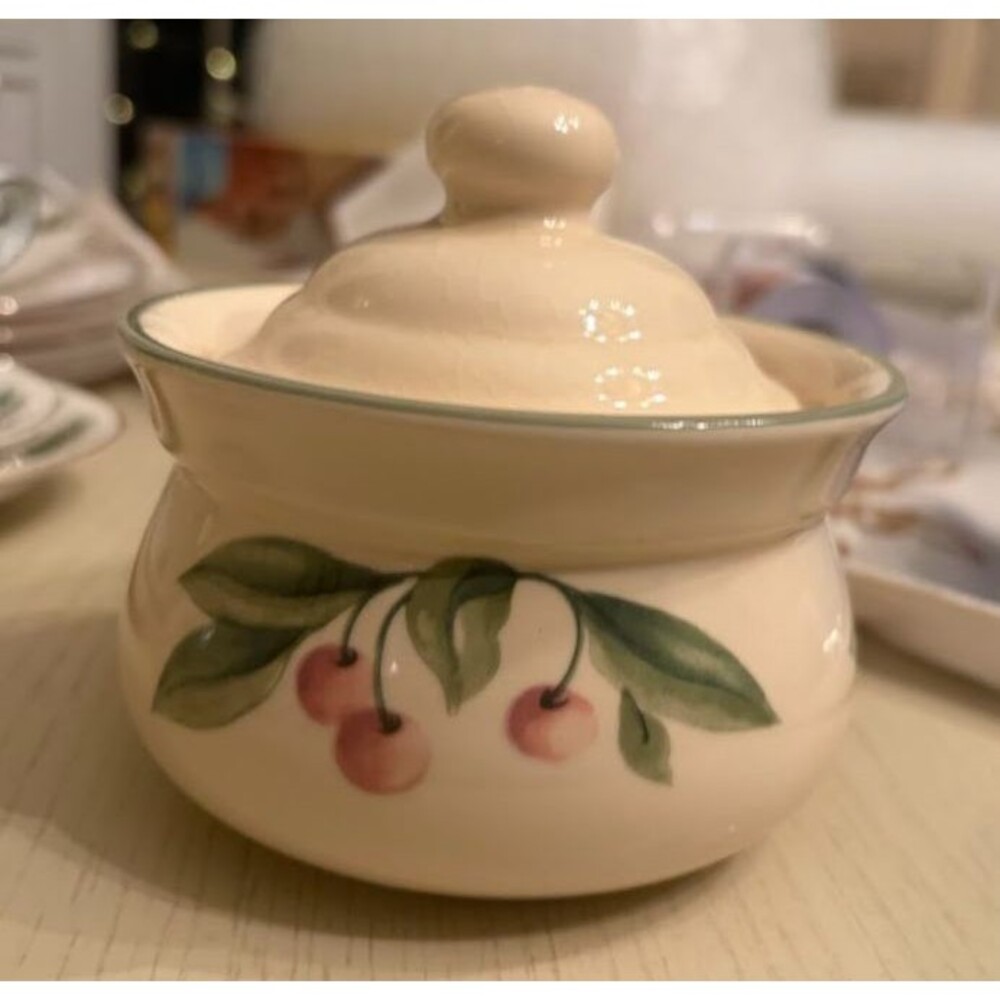 Pfaltzgraff Garden Party Impressions Ceramic Sugar Bowl with Lid Cherries Flower